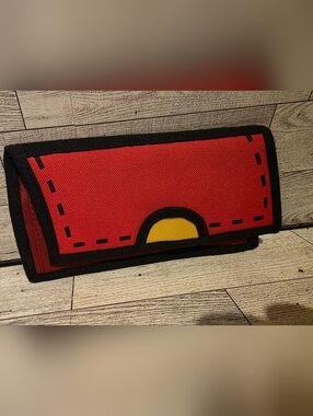 Jump From Paper Red Cartoon-Style Flap Wallet Clutch with Yellow Accent